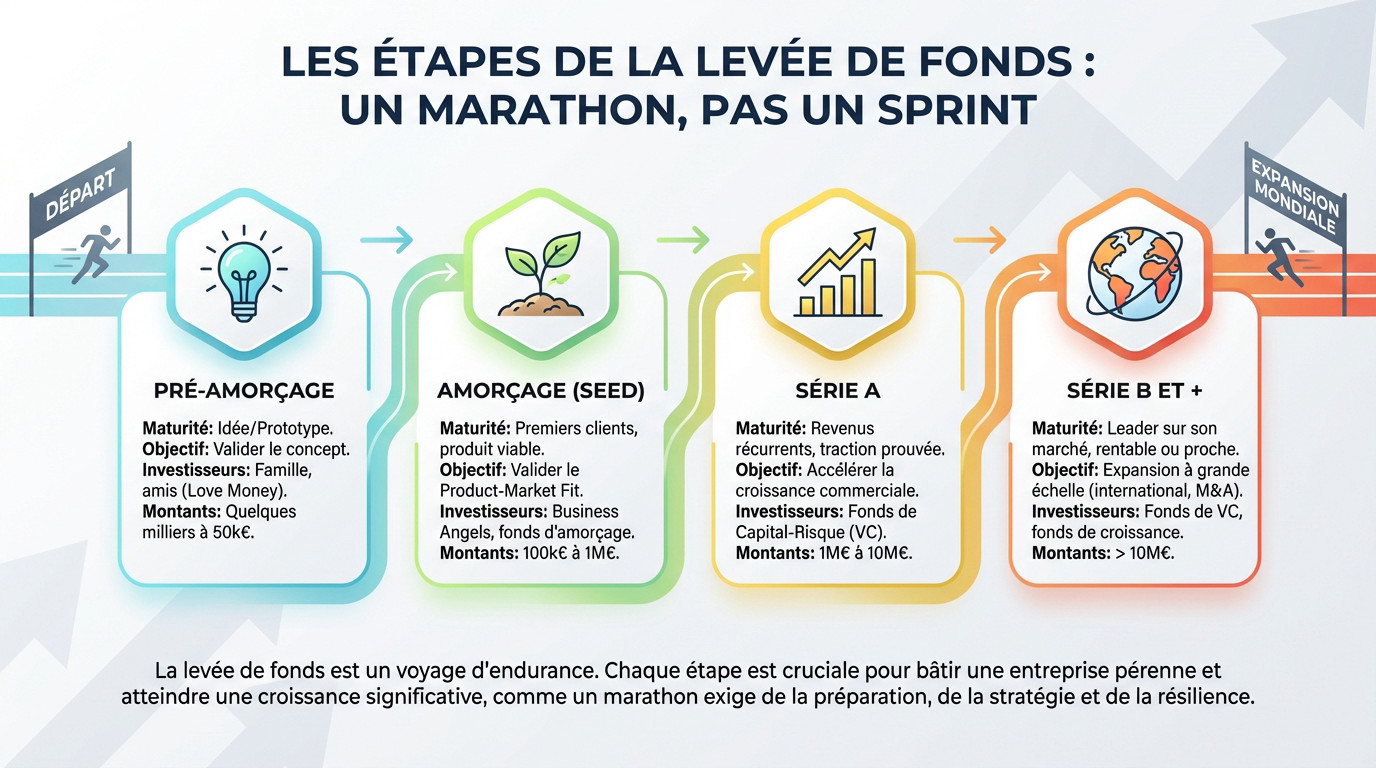 Schéma illustrant les étapes de financement d'une startup, du pre-seed à la série C
